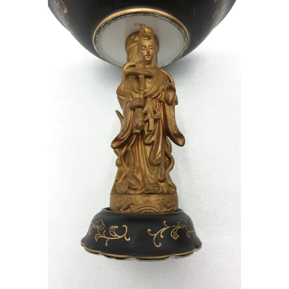 PEDESTAL Bowl Black and Gold With Oriental Figure Vintage JAPANESE Hand Painted - Picture 8 of 10